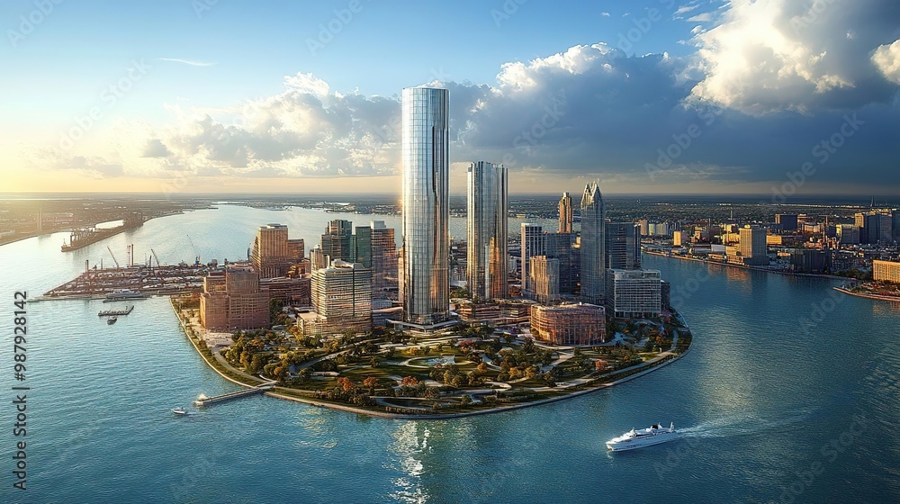 Fototapeta premium Aerial view of a modern city skyline with skyscrapers along a waterfront, showcasing vibrant urban life and serene landscapes.