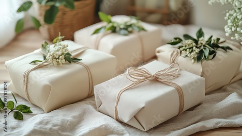  Beautifully wrapped gifts in neutral tones with natural twine and floral accents create a simple yet elegant holiday aesthetic.