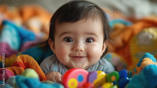 Happy baby surrounded by colorful toys, enjoying playtime on a cozy blanket. A joyful moment captured in vibrant colors.