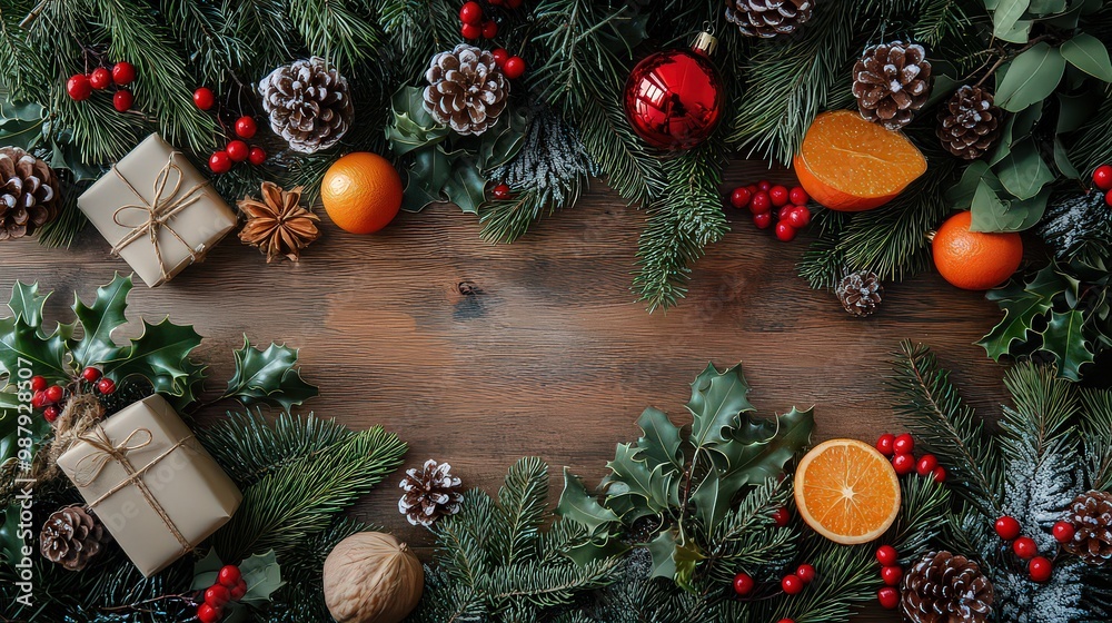 Festive holiday decorations with pine cones, oranges, gifts, and holly create Christmas-themed atmosphere on rustic wooden background. Festive holiday decorations with pine cones, oranges, gifts, and holly create Christmas-themed atmosphere on rustic wooden background.