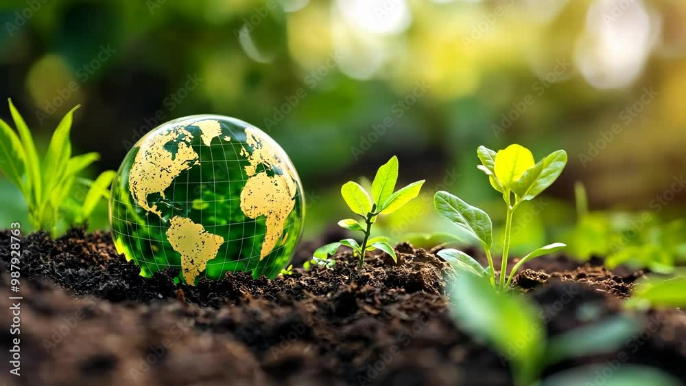 Exploring new life emerging from soil with a globe symbolizing sustainability and growth in a sunlit garden setting Exploring new life emerging from soil with a globe symbolizing sustainability and growth in a sunlit garden setting