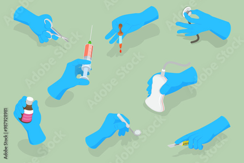 3D Isometric Flat Vector Set of Doctors Hands, Medical Instruments Held by Hands in Blue Sterile Gloves