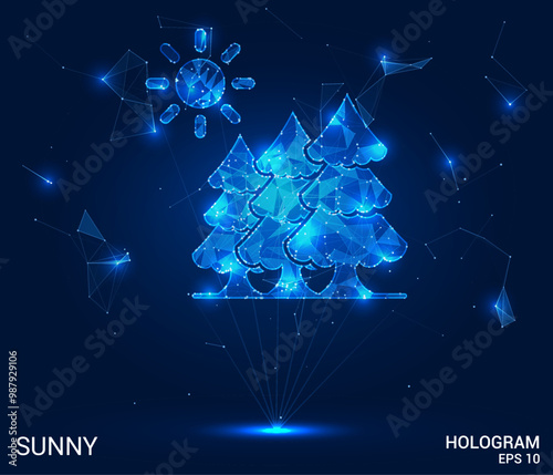 Hologram sunny. Sunny made of polygons, triangles, dots, and lines. Low-poly sunny structure of connections. Technology concept vector.