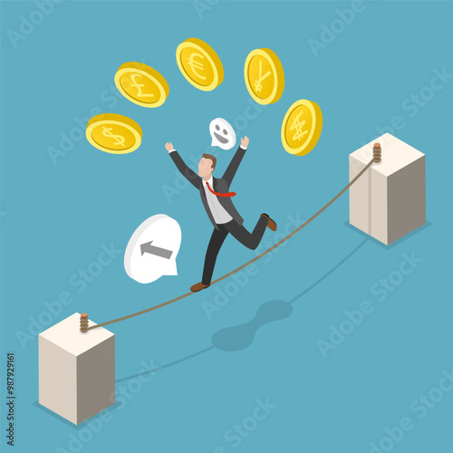 3D Isometric Flat Vector Illustration of Foreign Exchange Market, Businessman Expert Juggles Currency Coins