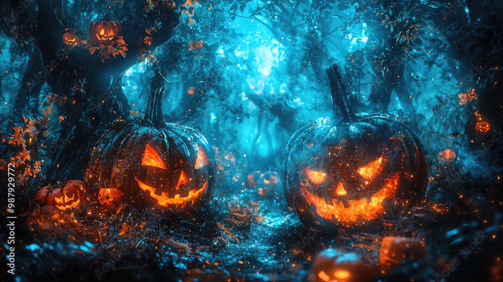 Dark spooky forest, fairy tale woods on Halloween, scary pumpkins and blue light at night. Concept of horror, haunted enchanted nature, fantasy. Dark spooky forest, fairy tale woods on Halloween, scary pumpkins and blue light at night. Concept of horror, haunted enchanted nature, fantasy.