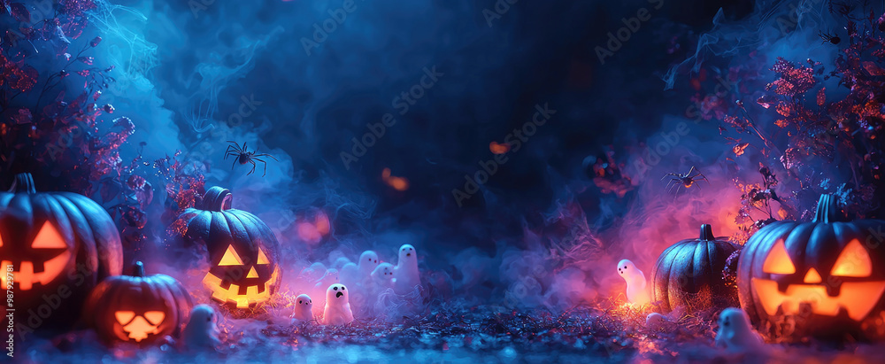 Scary jack pumpkins, ghost and mist in dark forest at night, spooky fairy tale woods on Happy Halloween holiday. Concept of horror, banner, party, background, fantasy Scary jack pumpkins, ghost and mist in dark forest at night, spooky fairy tale woods on Happy Halloween holiday. Concept of horror, banner, party, background, fantasy
