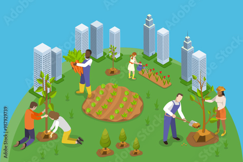 3D Isometric Flat Vector Illustration of Eco Volunteers , Individuals Planting Trees in Urban Park or Garden