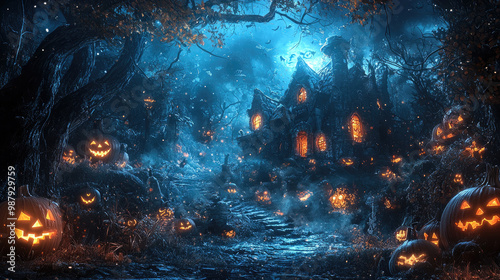 Spooky wooden house in forest at night, old dark mansion and scary pumpkins like in horror movie. Concept of Halloween, path, fantasy, nightmare, haunted place photo