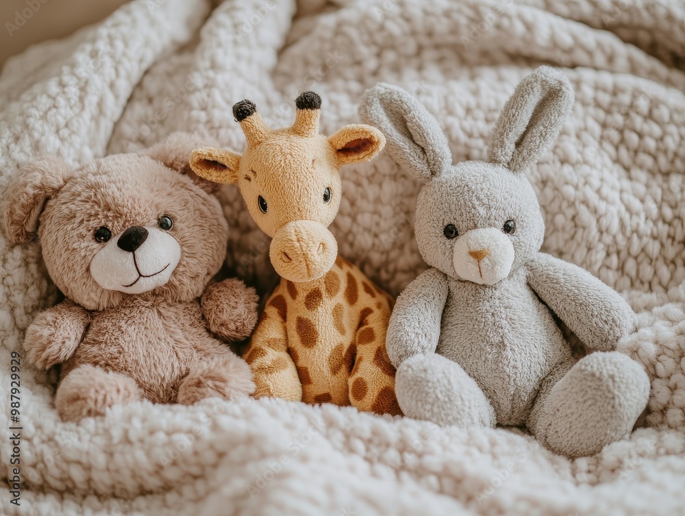 Fototapeta premium Cuddly Toys: Giraffe, Bear, and Rabbit on Blanket