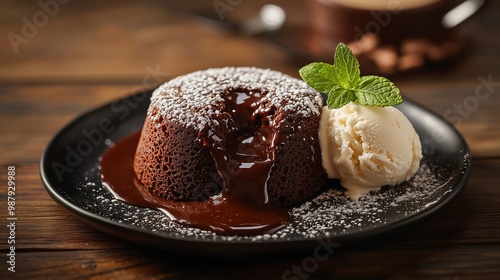 Molten Chocolate Lava Cake with Vanilla Ice Cream and Mint Garnish