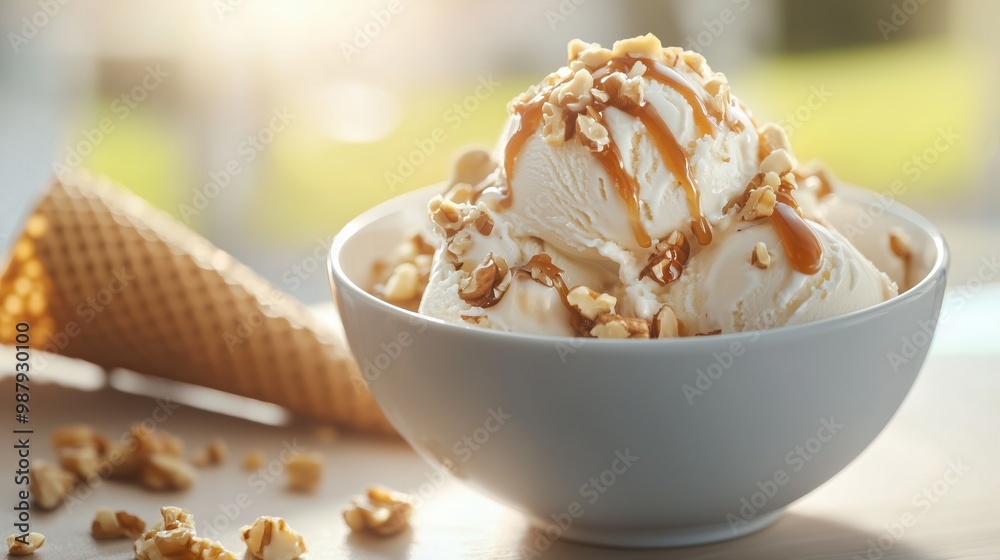 Vanilla Ice Cream with Caramel Sauce and Crushed Nuts in Afternoon Light Vanilla Ice Cream with Caramel Sauce and Crushed Nuts in Afternoon Light