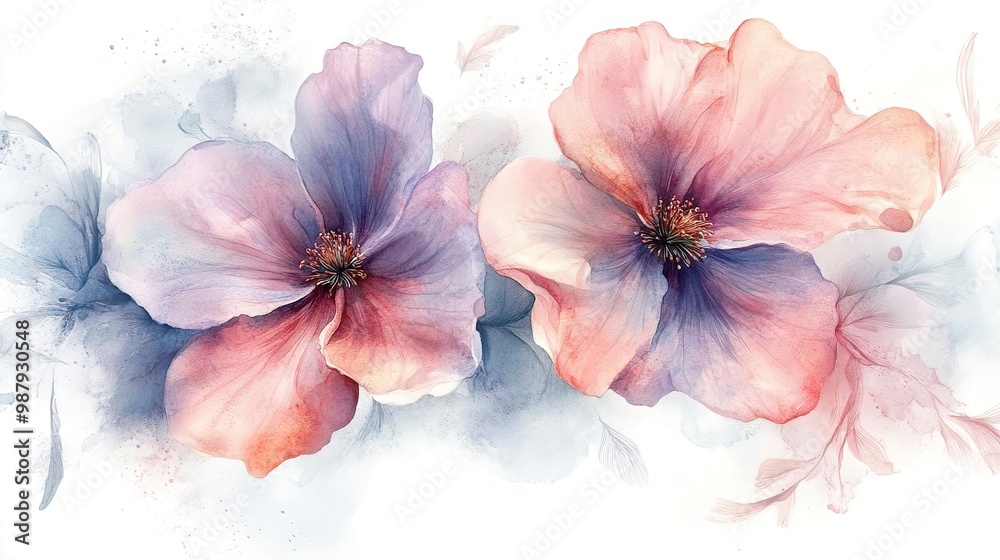 A serene artwork featuring delicate pink and blue flowers, blending harmoniously with soft watercolor strokes. A serene artwork featuring delicate pink and blue flowers, blending harmoniously with soft watercolor strokes.