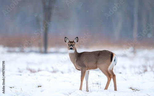 A white-tailed deer stands in a snowy field, looking directly at the camera.