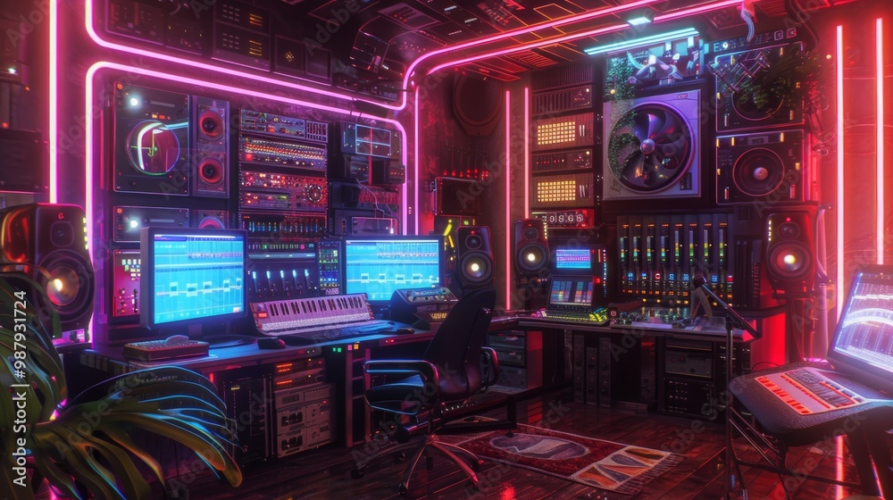 Futuristic Workstation with Neon Lights and Advanced Technology Gear Futuristic Workstation with Neon Lights and Advanced Technology Gear