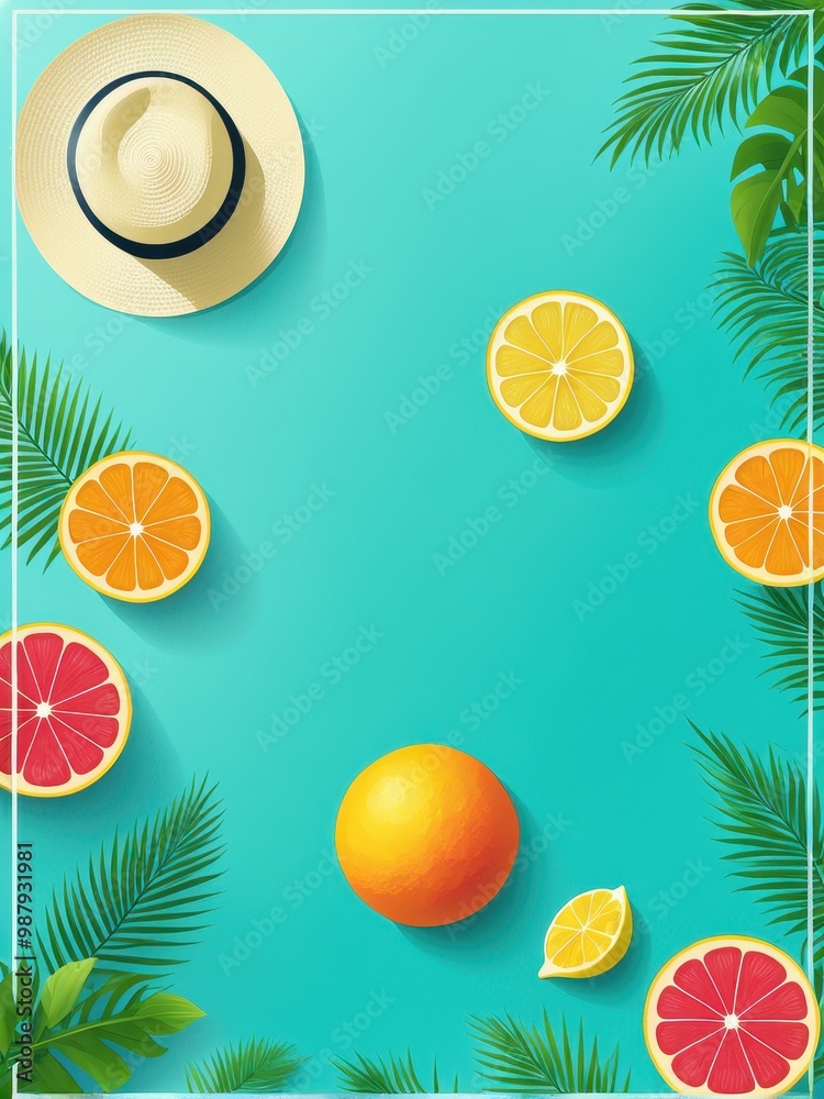 A vibrant summer-themed illustration featuring fruits and tropical leaves. A vibrant summer-themed illustration featuring fruits and tropical leaves.