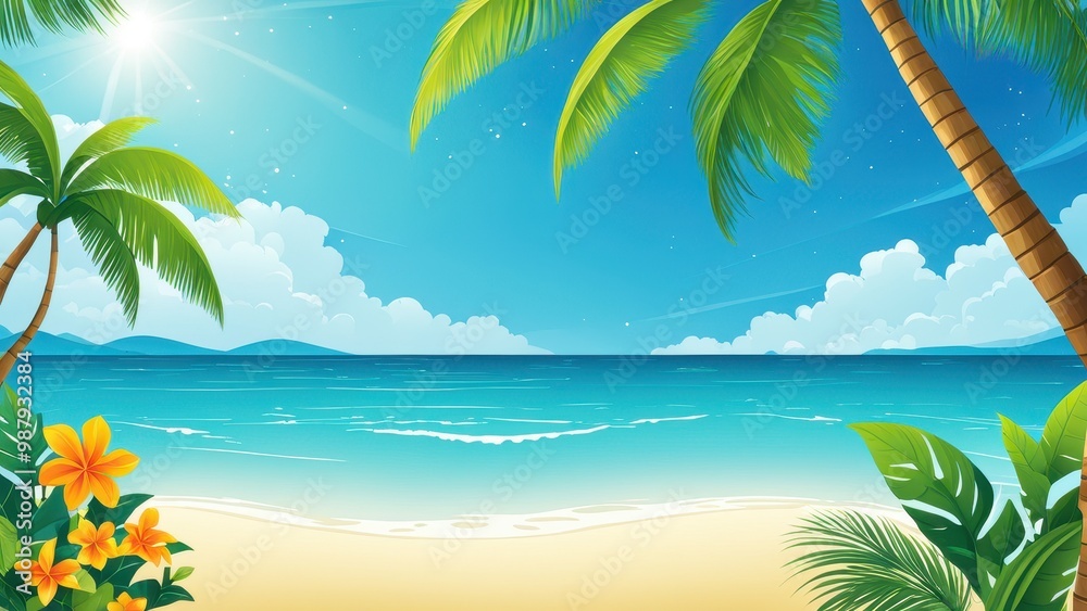 Obraz premium A vibrant tropical beach scene with palm trees, flowers, and a serene ocean backdrop.
