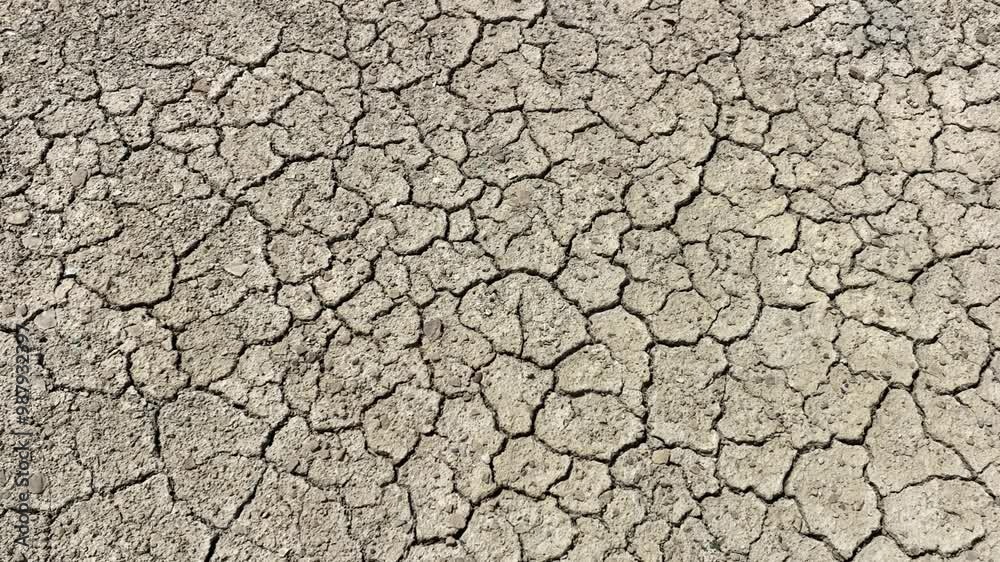 Looking down at the cracked surface of a dry river