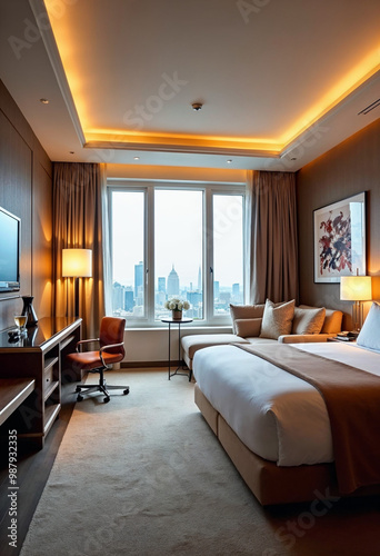 Luxurious hotel room with modern design, inviting decor, and natural light for a cozy retreat.