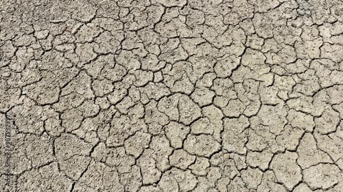 Looking down at the cracked surface of a dry river