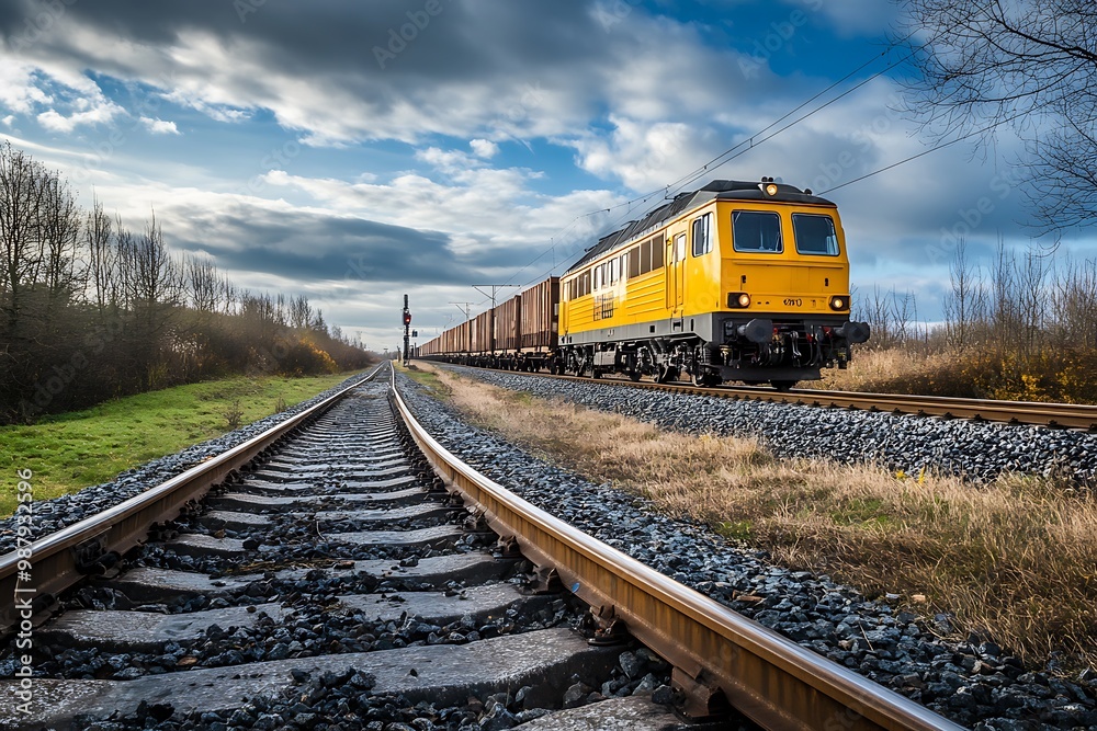 Freight Train Traveling on Railway Tracks with Blue Sky and Clouds Freight Train Traveling on Railway Tracks with Blue Sky and Clouds