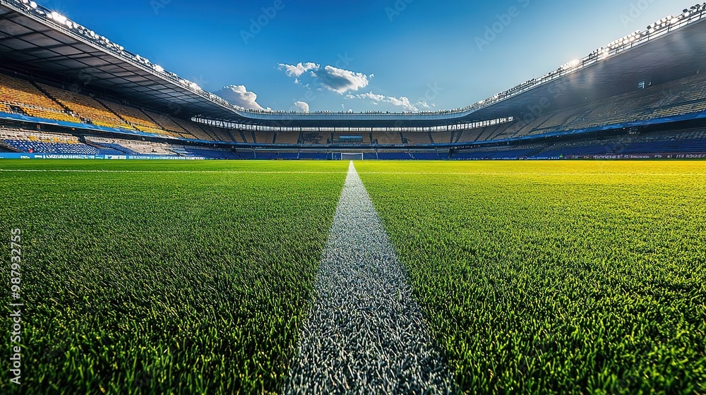 Fototapeta premium Vibrant view of a football field with lush green grass and a clear blue sky, perfect for sports-themed projects and promotions.