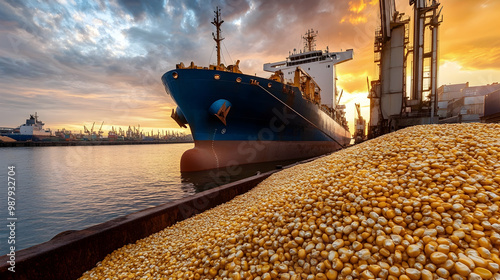 1. A dry cargo ship is currently berthed at the port, taking on corn intended for international grain trade and distribution. photo