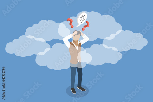 3D Isometric Flat Vector Illustration of Clouded Mind, Depressed Young Man with Cloudy Thoughts