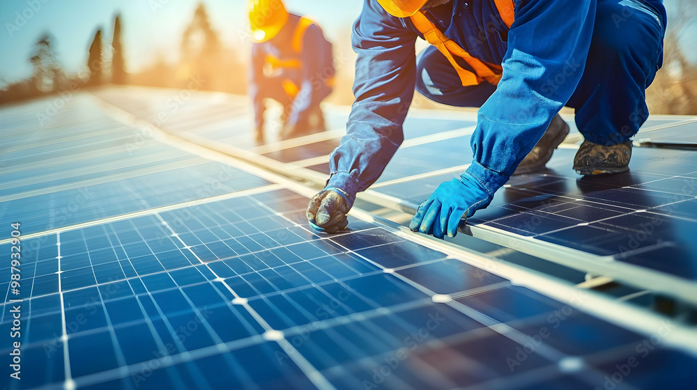Engineers installing photovoltaic solar panels. Generative AI Engineers installing photovoltaic solar panels. Generative AI