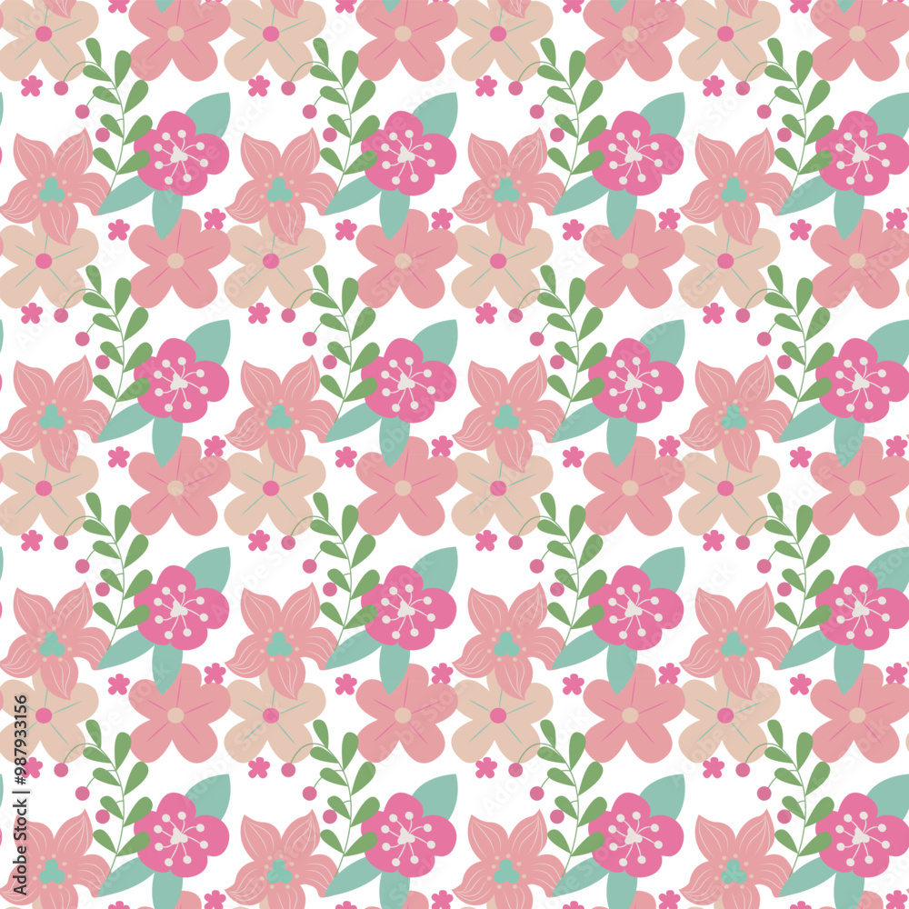 Seamless pattern of simple flowers and plant elements. Vector illustration in cartoon style.