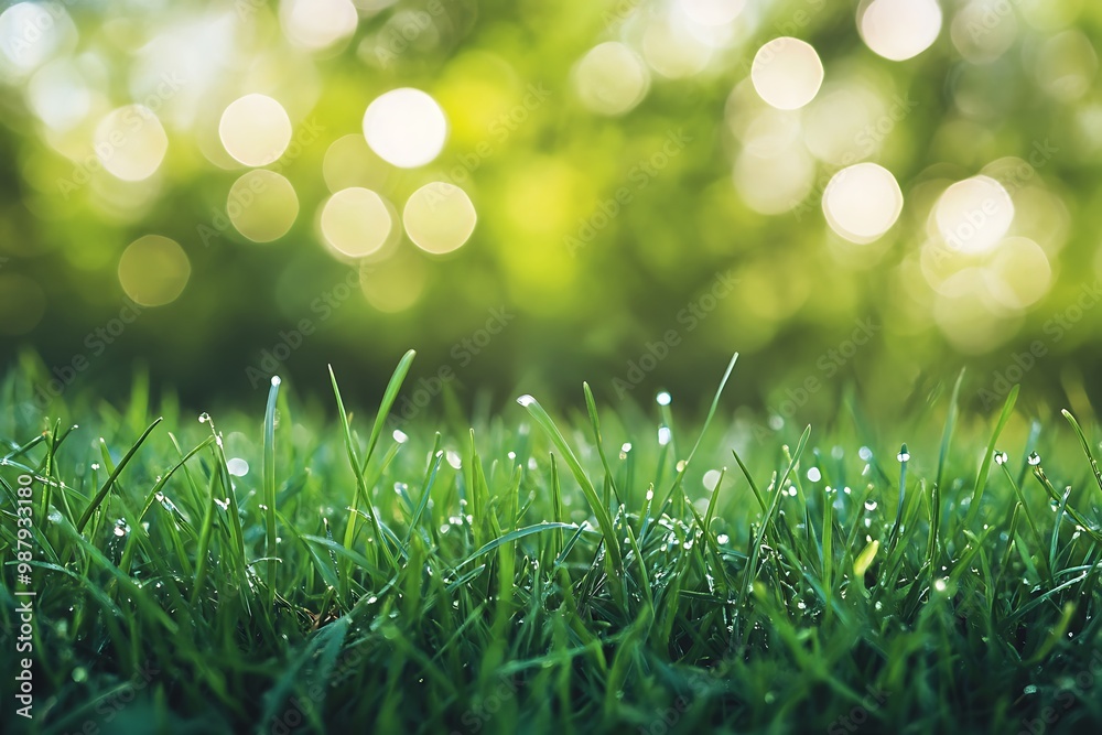 Obraz premium Close up dew drops on green grass with blurred bokeh background