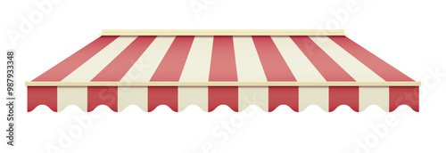 Striped awning for cafe. Striped shop canopy. Store or cafe sunshade awning.