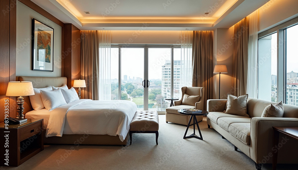 Fototapeta premium Luxurious hotel room with modern design, inviting decor, and natural light for a cozy retreat.