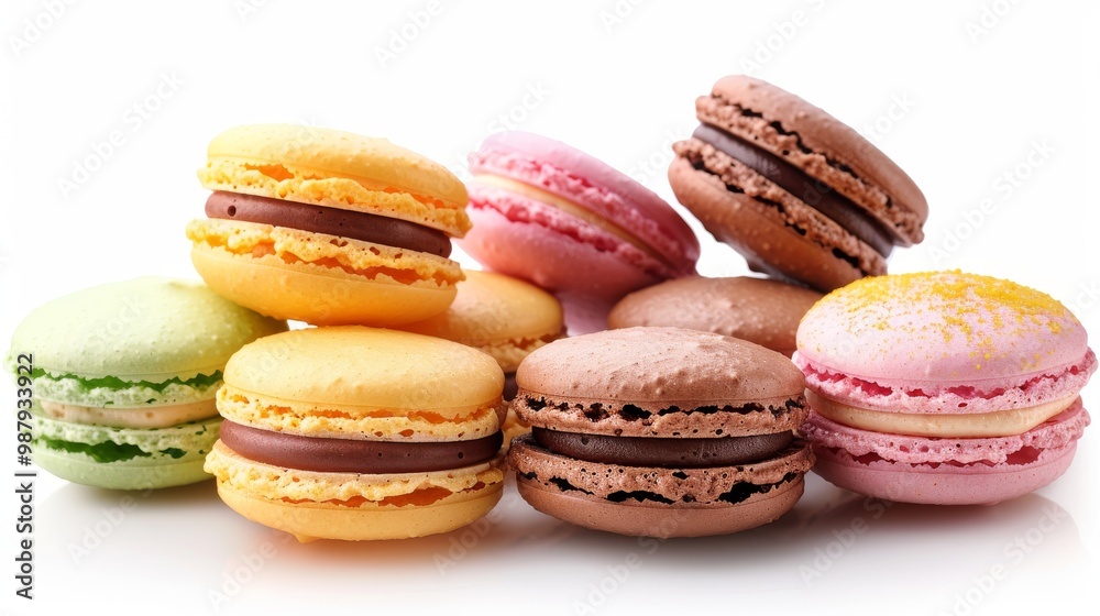 Macaroon dessert on light background. Colorful pastel macarons close up, generated AI Macaroon dessert on light background. Colorful pastel macarons close up, generated AI