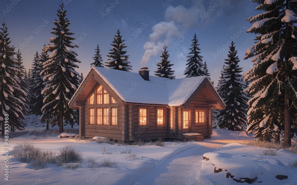 Fototapeta premium A cozy wooden cabin with glowing windows sits in a snowy forest under a starry night sky.