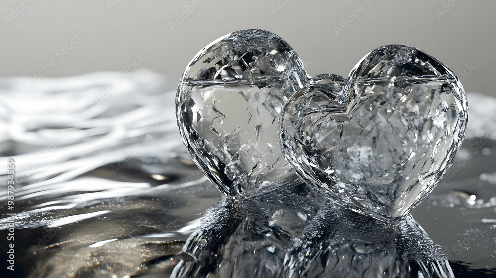 Melting crystal hearts form an abstract pattern on a reflective surface. Melting crystal hearts form an abstract pattern on a reflective surface.