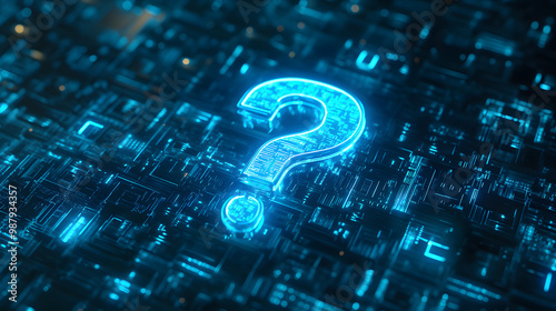 question mark blue neon lighting tech technology ask for help faq digital concept network communication connection net connected points glowing