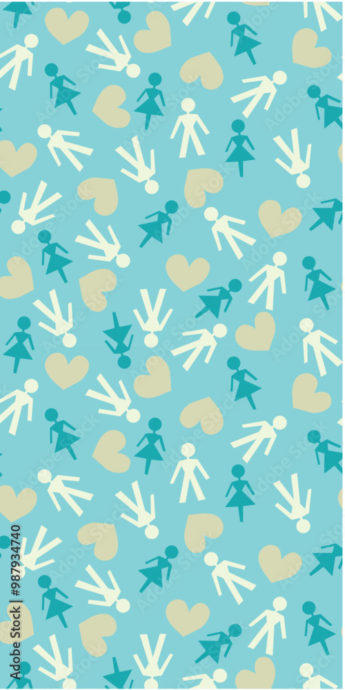 A colorful pattern featuring abstract figures and hearts, suitable for backgrounds or textile designs. A colorful pattern featuring abstract figures and hearts, suitable for backgrounds or textile designs.