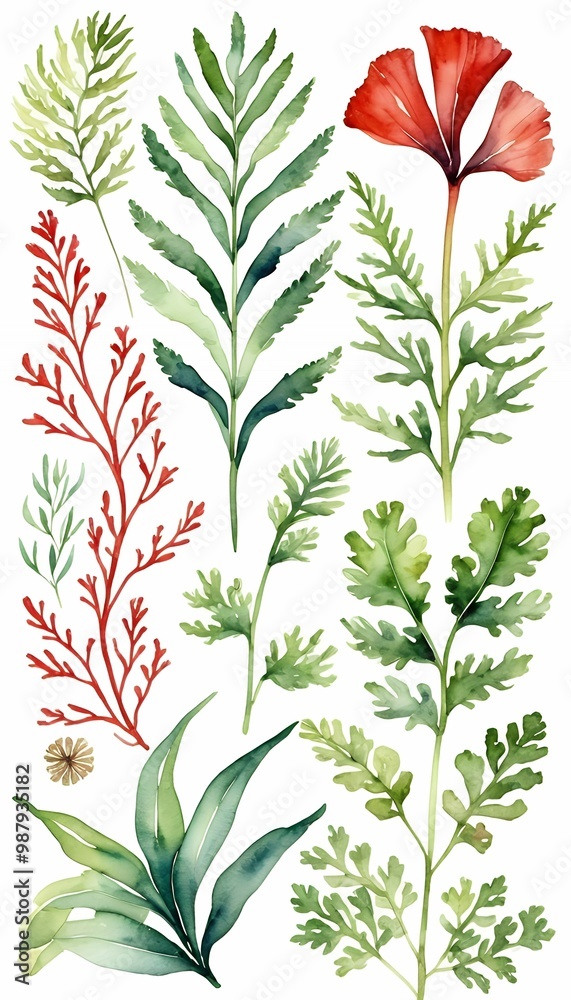seaweeds background white elements design leaves green watercolour red plants drawn hand sea style olated seaweed pattern leaf red underwater plant trendy element design decorative abstract aquarium