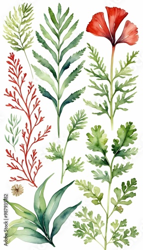Obraz na płótnie seaweeds background white elements design leaves green watercolour red plants drawn hand sea style olated seaweed pattern leaf red underwater plant trendy element design decorative abstract aquarium w salonie