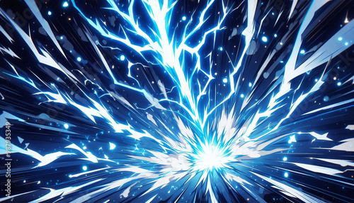 A blue lightning bolt falling and exploding as it hits the ground. Generative AI.
