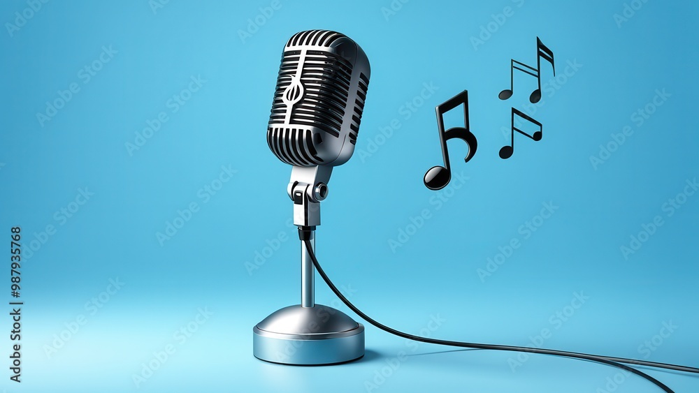 Fototapeta premium A vintage microphone with musical notes on a blue background, symbolizing music and performance.