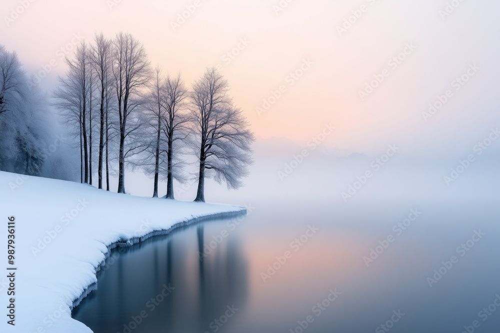 A peaceful winter scene featuring bare trees by a frozen lake, with soft reflections and a pastel-colored sky at dawn A peaceful winter scene featuring bare trees by a frozen lake, with soft reflections and a pastel-colored sky at dawn