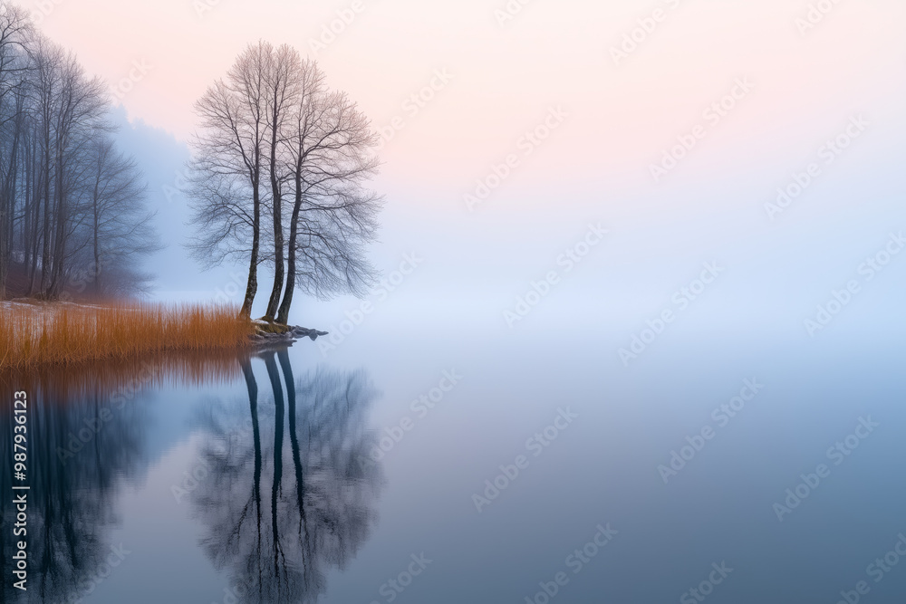 A misty lake at sunrise, featuring bare trees reflected on the water A misty lake at sunrise, featuring bare trees reflected on the water