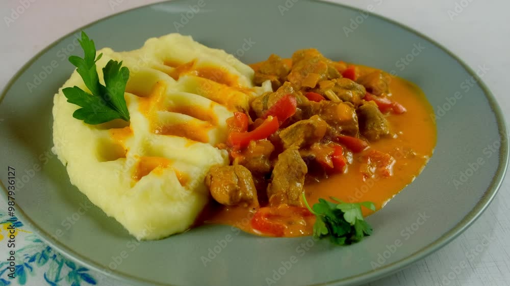 Chef serving goulash and mashed potatoes with herbs on plate on kitchen at home. Food decoration, cuisine, culinary, homemade food meal from fresh ingredients, meat dish. Culinary skills techniques. Chef serving goulash and mashed potatoes with herbs on plate on kitchen at home. Food decoration, cuisine, culinary, homemade food meal from fresh ingredients, meat dish. Culinary skills techniques.