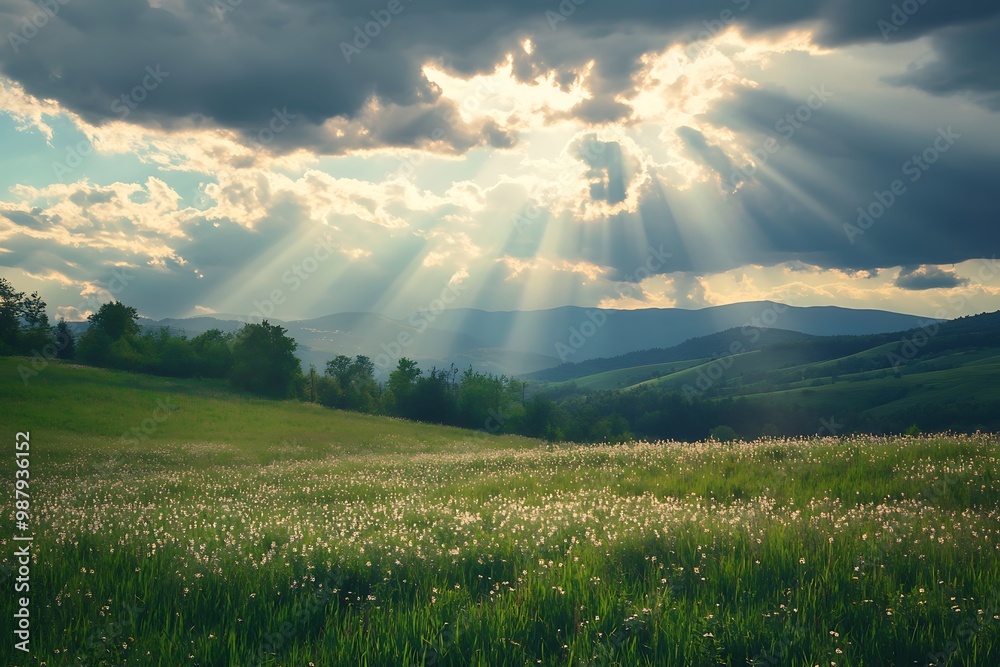 Obraz premium Sunbeams shining through clouds over a grassy field and hills in a beautiful nature landscape