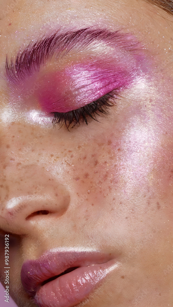 Naklejka premium Close-up Portrait of a Woman with Shimmering Pink Glitter Eye Makeup and Glossy Lips, Featuring Freckled Skin and a Soft Glow