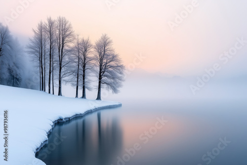 A peaceful winter scene featuring bare trees by a frozen lake, with soft reflections and a pastel-colored sky at dawn