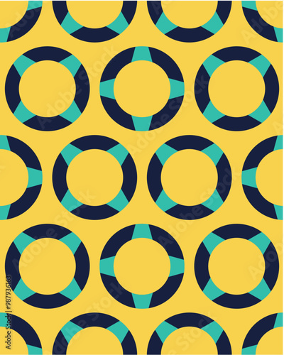 A vibrant pattern featuring circular shapes resembling life rings on a yellow background, creating a playful and nautical theme.