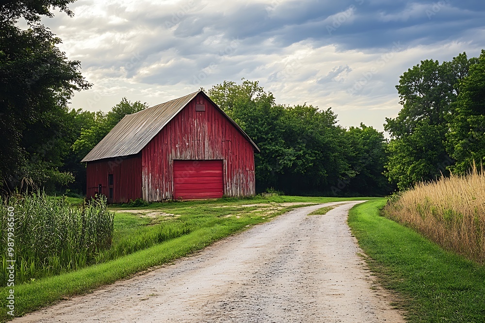 Obraz premium Red barn on a dirt road in a field with green grass and trees