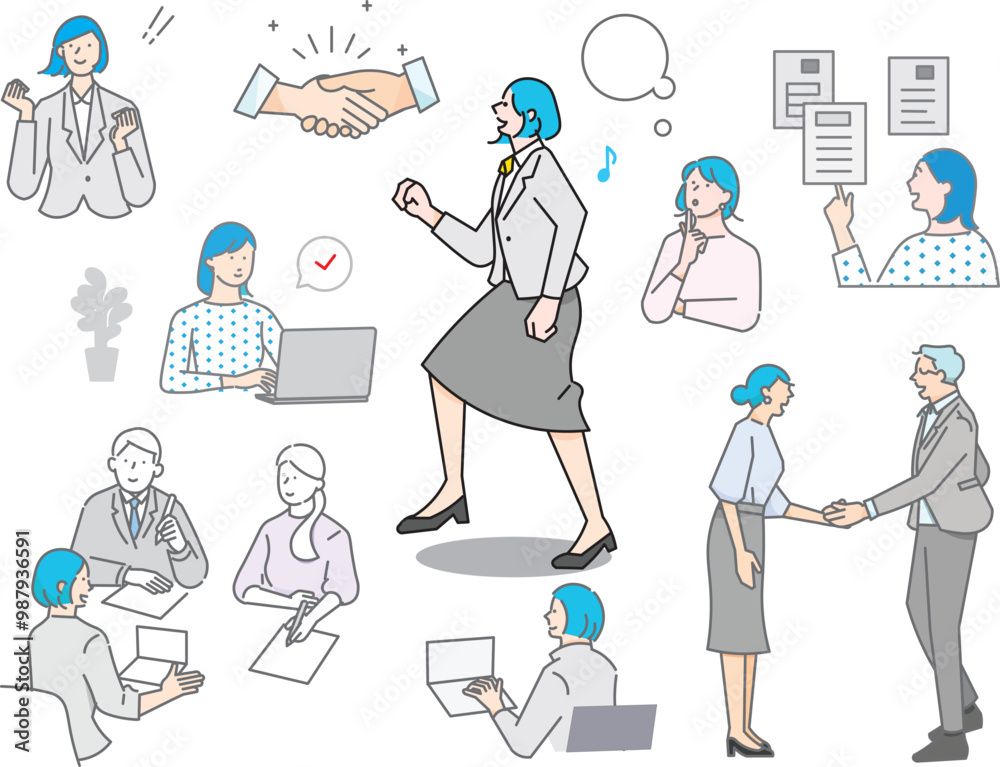 Success - Employment - Woman looking for a job on a smartphone or computer - vector simple illustration set Success - Employment - Woman looking for a job on a smartphone or computer - vector simple illustration set